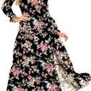Dokotoo Women's Boho Maxi Dress Sexy V Neck Puff Long Sleeve Ruffle A-Line Split Swing Chiffon Dresses, M