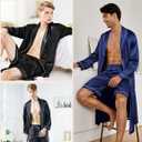 SWOMOG Men's Satin Robe Silky Kimono Bathrobe with Shorts Set Lightweight Soft Loungewear Nightwear (Black, L)
