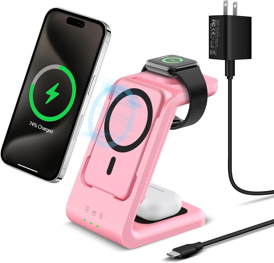 Smtcsl 3 in 1 Wireless Charging Station: 5000mAh Removable Power Bank Charger Stand for Phone/Watch/Air Pods - Portable Magnetic Battery Pack for Air 17 16 15 14 13 12 Series Pink