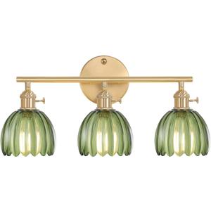 Bathroom Light Fixtures, 3-Light Brass Vanity Wall Light Over Mirror with Green Tulip Glass Shade for Bedroom Living Room (Hardwired)