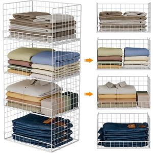 4-Tier Stackable Closet Organizers and Storage Basket, Foldable Closet Shelf Organizer System, Space-Saving Clothes Storage Drawer Organizer for Wardrobe, White 