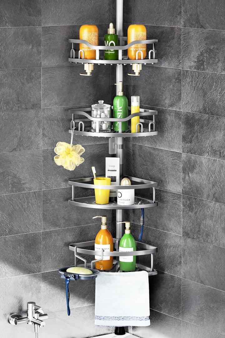 HAMITOR Corner Shower Caddy Tension Pole: Rustproof 4-Tier Bathroom Organizer Shelves for Bathtub Shampoo Storage - 47-121 Inch Quick Install Adjustable Rod Standing Rack with Soap Rack - Silver Gray (A-silver Gray)