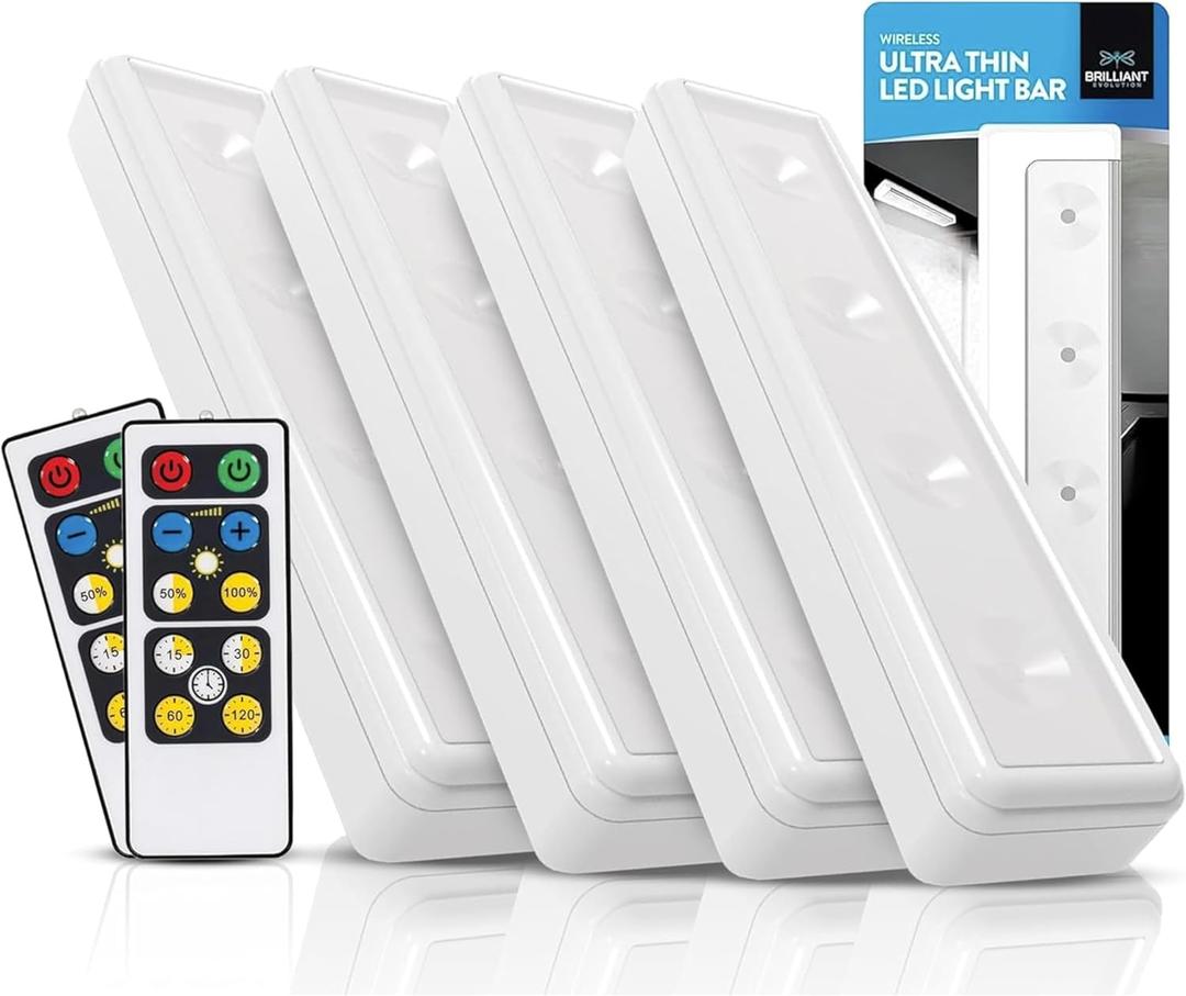 Brilliant Evolution 0.6" Ultra-Thin Wireless Under Cabinet Lights - 4 Pack, Battery-Operated LED Fixtures with 2 Remotes 3000K Warm White Stick-On Lighting, Timer Included for Kitchen and Counter