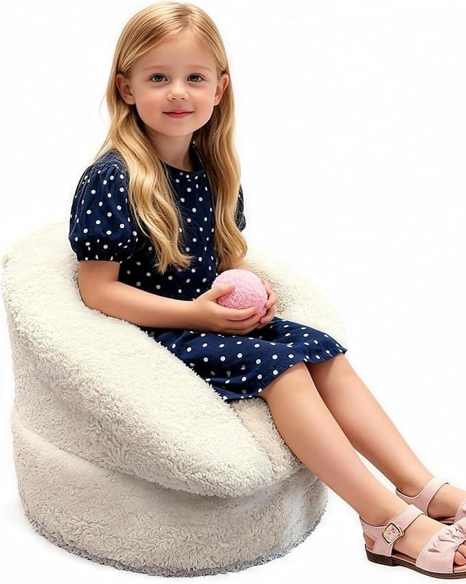 Hrebr Mini Toddler Chair Comfy 12 Years Old  17.3'' Compact Kids Couch with Carry Handle, Soft Teddy Plush Baby Chair, Washable Cover & Sturdy Design for Nursery & Playroom  White