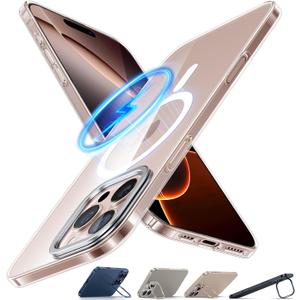 TORRAS Magnetic Slim Fit for iPhone 16 Pro Max Case with Stand, Compatible with MagSafe, Built-in Stash Stand, Ultra Thin 16 ProMax Case, Lightweight Non Yellowing Hard Back 16 Phone Case 6.9'', Clear