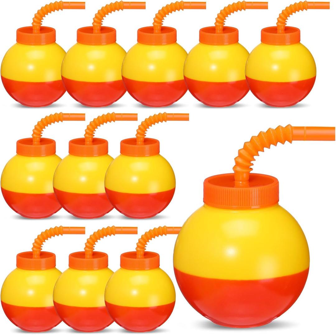Amyhill 12 Set Fishing Bobbers Cups with Straws and Lids 10 oz Fun Fishing Birthday Party Decorations Red and White Plastic Cups for Kids Fishermen Pool Party Decorations, Orange and Yellow