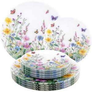 bUCLA 12-Piece Floral Plastic Plates - Cosmos Print Disposable - Includes 12 Each (10.25 inch Dinner & 7.5 inch Dessert) Plates for Catering, Party, Spring Gatherings