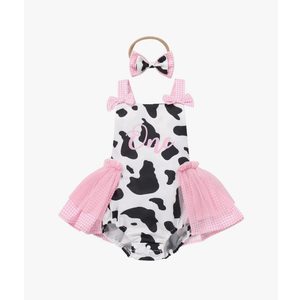 ODASDO Baby Girls Cow Print Tulle Tutu Romper Dresses with Headband First Birthday Party Cake Smash Outfit Photo Shoot 6-12 months