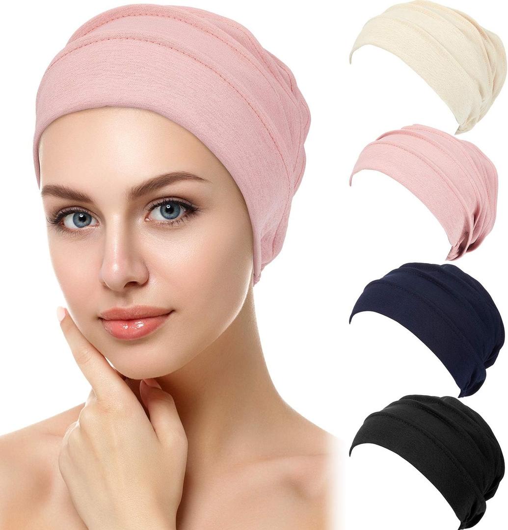 Syhood 4 Pieces Slouchy Beanies Hats Soft Polyester Sleep Cap Stretchy Sleeping Cap Headwear for Women (One Size, Black, Navy, Pink, Beige)