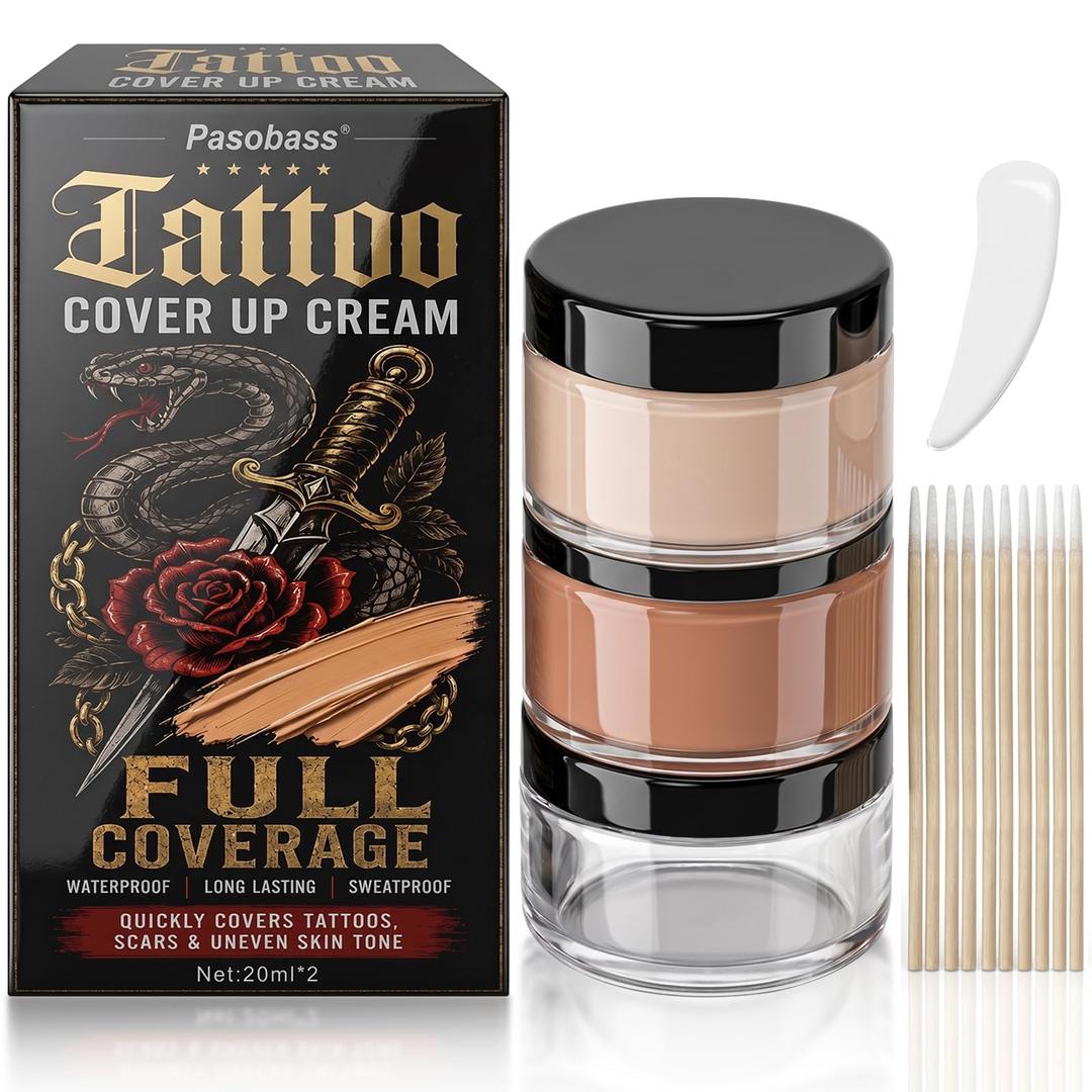Tattoo Cover Up Makeup, Waterproof Makeup Cover Cream for Tattoo, Scars, Vitiligo and Dark Spots, Invisible & Natural Skin Concealer Set, Use on Body (2×0.7 ounce)