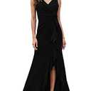 FQA Long Black Evening Gowns for Women Formal Dresses for Women Evening Party Elegant V Neck Sleeveless Split Wrap, Medium