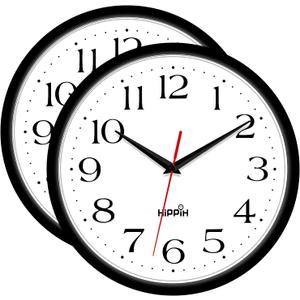 HIPPIH 2 Pack Silent Wall Clock, 12 Inch Non Ticking Quiet Digital Sweep Decorative Battery Operated Wall Clocks for Living Room Bedroom Kitchen School Office Decor, Black