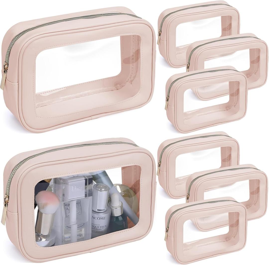 8 Packs TSA Approved Toiletry Bags Clear Toiletry Bags for Travel PVC Makeup Pouch Waterproof Quart Size Clear Cosmetic Bag with Zipper for Airport Airline Compliant Bag Women Men Travel Bathroom (Pink)