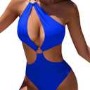 Hilinker Womens Cut Out Sexy One Piece Swimsuit Monokini One Shoulder Tummy Control Bathing Suits (Blue, XL)