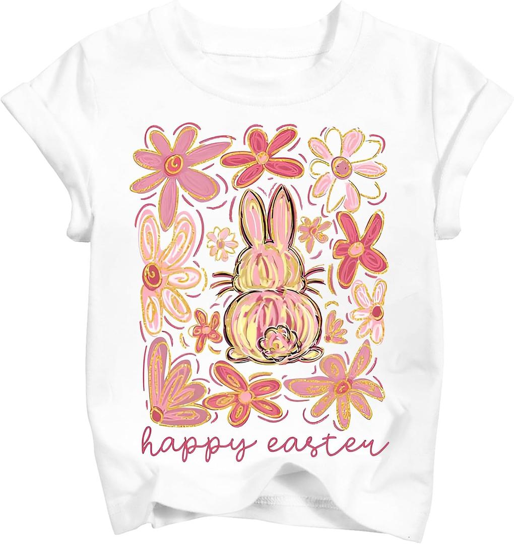 Boys Girls Easter Shirts Toddler Bunny Rabbit Eggs T-Shirt Kids Funny Lettering Graphic Tee Tops 2026 (3T-10T) (White)