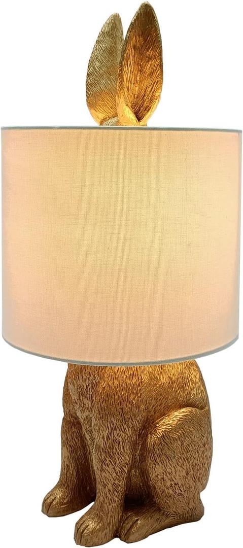 iAngeTou Bunny Table Lamp Animal Lamp Golden Resin Rabbit Nightstand Light with Fabric Shade Bedside Table Light Living Room Decoration