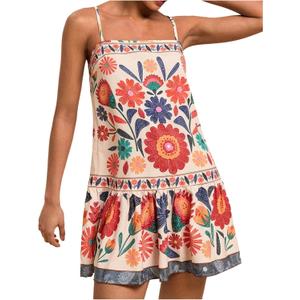 Women's Floral Boho Flowy Mini Cami Dress Ruffle Hem Spaghetti Strap Vacation Tank Dresses (Multicolor), S