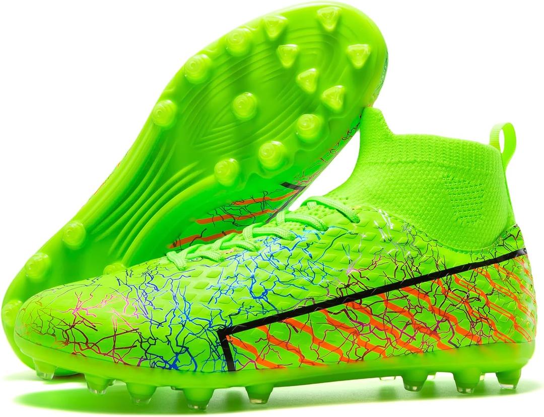 Youth Soccer Cleats - Lightweight High-Top Football Boots for Training (5.5 Big Kid, Green/Orange)