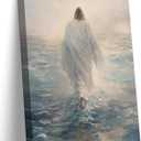 Jesus Walking on Water Canvas Wall Art Bible Stories Wall Decor Pictures Christian God Religious Spirit Faith Posters Prints for Living Room Bedroom Church Home Decorations Ready (16"L x 12"W)