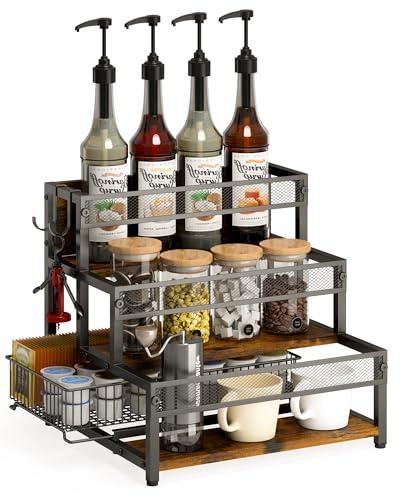 LOTEYIKE 3 Tier Coffee Syrup Rack Organizer, 12 Water Bottles Holder Stand Liquor Cabinet Storage, Wine Rack Countertop Storage Rack Coffee Bar Cabinet for Kitchen