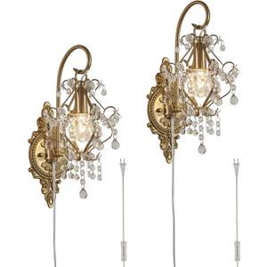 Gold Crystal Vintage Plug in Wall Sconces Set of 2 Indoor Wall Light Fixture, Modern Wall Mount Lamp Light for Bedroom Living Room Bathroom Vanity Light Hallway Light Fixture LED E12