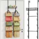 HapiRm Over The Door Purse Organizer - Wall Mounted Purse Rack with 10 Hooks and Metal Basket, Hanging Handbag Organizer Holds up to 10 Bags, Bag Rack Can Use As 1/2 Part, for Door, Closet (Black) (6-Tier)