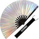 SoJourner Bags Rave Fan - Large Folding Fan - Clack Fan Hand Fan for Raves, Halloween, Burlesque, Rainbow Outfits for Women & Festival Accessories (Silver)
