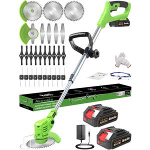 Electric Weed Wacker Cordless, 21V Battery Powered Weed Eater with 2 Battery and Charger, Lightweight Electric Weed Trimmer 4 Types 26Pcs Blade, 3 in 1 Grass Trimmer Edger Brush Cutter for Lawn Garden