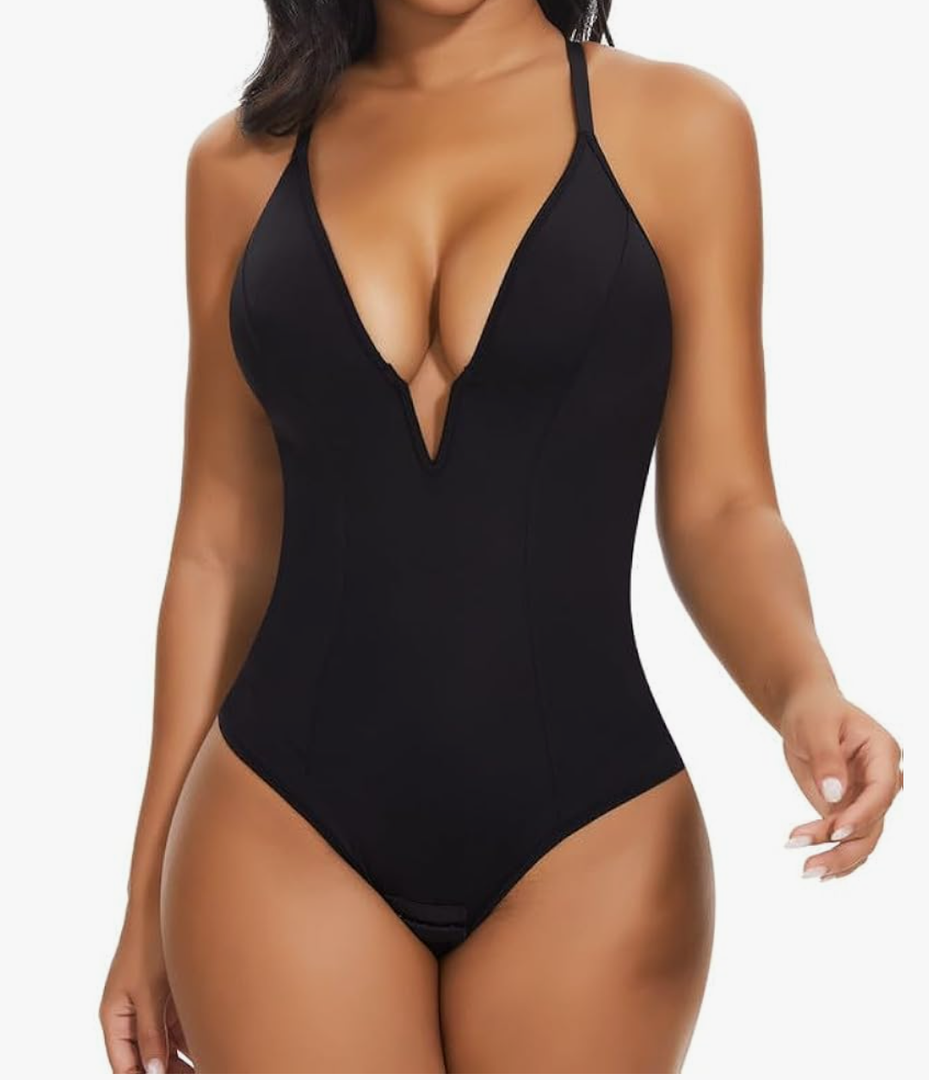 SHAPERIN Women's Deep V Neck Bodysuit Double Lined Plunge Tummy Control Shapewear Thong Body Suits Backless Cami Tank,L, Black