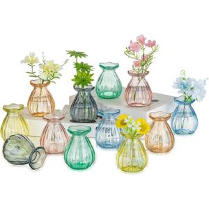 Hewory Small Bud Vases for centerpieces: 12 Pcs Glass Colored Vase for Flowers - Mini Ribbed Vases for Wedding Baby Bridal Shower Events Decorations