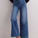 Womens Wide Leg Jeans Mid High Waisted Baggy Straight Leg Stretchy Denim Pants Seamed Long Trousers (Blue)