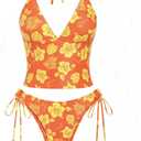 Jacquard Floral & Leopard Tankinis - Tankini Swimsuits for Women with Plunging Neck & Gingham Trim (X-Small, Orange)