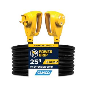 Camco Power Grip 25-Ft 30 Amp Camper/RV Extension Cord - Rated for 125V /3,750W - Features Heavy Duty 10-Gauge Copper Wire for Superior Conductivity & Coated w/Heat-Resilient PVC (55191)