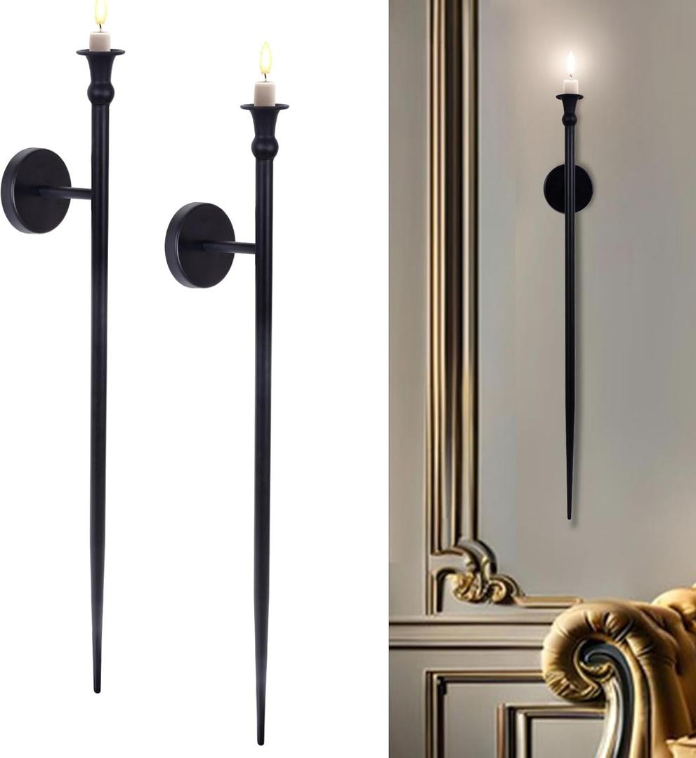 Candle Sconces Long Wall Candle Holder - Set of 2 Black Long Wall Candle Sconce Retro Chic Wall Sconces Candle Holder Decoration for Dining Room, Living Room, Office, Bathroom