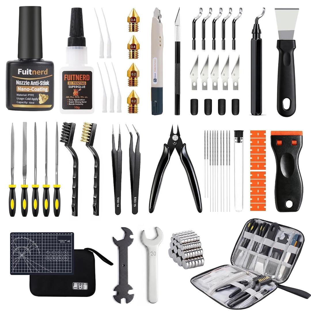 84Pcs 3D Printer Accessories, 3D Printer Tools Kit with Slotted Organizer Bag, PTFE Nozzle Anti-Stick Coating, T12 Needle Files, Deburring Tool, for All FDM/SLA, Bambu Lab, Ender 3, Anycubic,etc