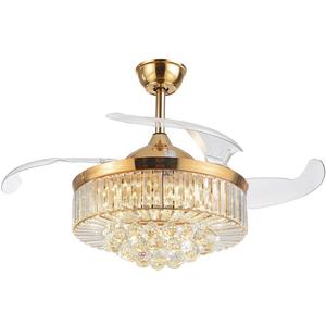 Modern Dimmable Fandelier Crystal Ceiling Fan with Lights and Remote Invisible Retractable Chandelier Fan Light LED Lighting-Polished Chrome 36" (Golden)