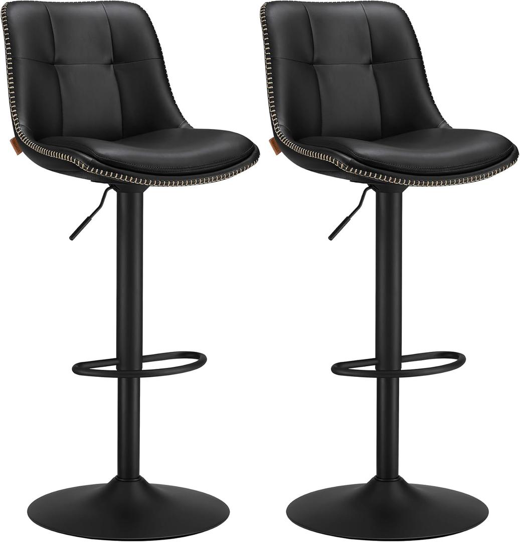 VASAGLE Bar Stools, Set of 2 Swivel Bar Chairs, Adjustable Height, Quilt, Synthetic Leather Kitchen Stools with Back and Footrest, Dining Room, Counter, Steel, Ink Black 