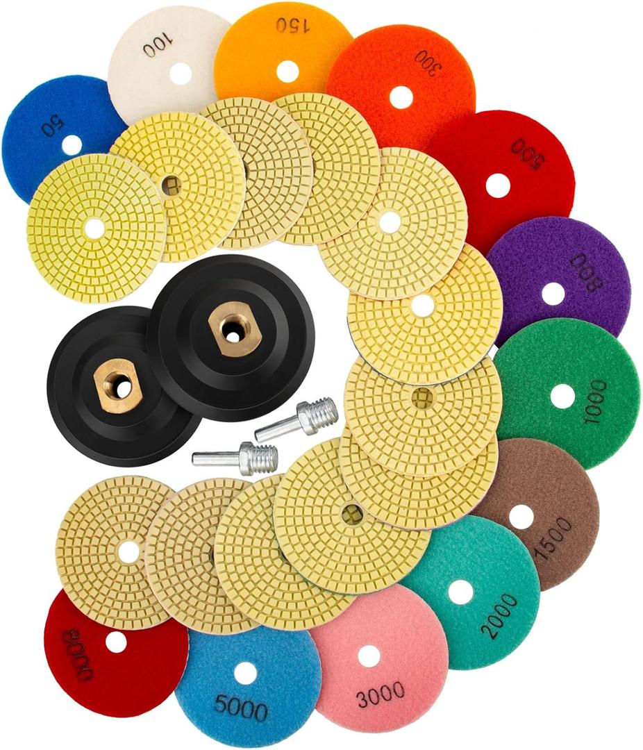14 Pack 4 Inch Diamond Polishing Pads Kit with 2PCS 5/8-11 Backer Pad 12PCS Wet/Dry Polish Pad Set for Drill Grinder Polisher 50-8000 Grit Pads for Granite Marble Stone Concrete Countertop Quartz