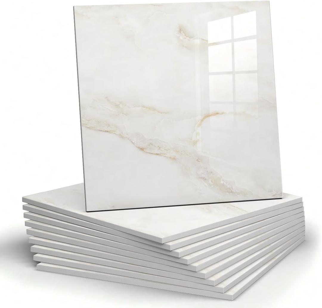 Chejiaye 10pcs Marble Peel and Stick Backsplash Waterproof Washroom Wall Panels, Peel and Stick Tile, PVC Foam Wall Panels for Kitchen,Bathroom,Living Room,Colorful (White and Yellow,11.8" x 11.8")