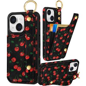 Petitian for iPhone 15 Case with Wallet - Women Girls Cute Girly Aesthetic Unique Design with Leather Credit Card Holder Cardholder Stand Wristband for Apple 15, Cherry