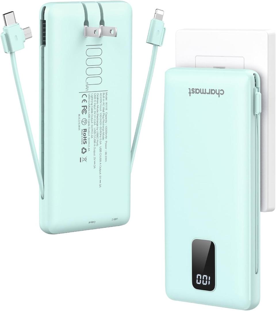 Charmast Portable Charger with Built-in Cables and Plug, 10000mAh USB C Power Bank Fast Charging 15W, External Battery Pack Slim, Travel Essentials Compatible with 16 15 14 13, Samsung Galaxy, iPad (Cyan)