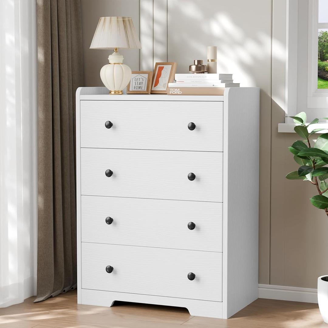 Furnulem 4-Drawer Dresser for Bedroom - White Wood Chest of Drawers Closet Storage Cabinet Organizer for Bedroom, Living Room, Hallway & Office