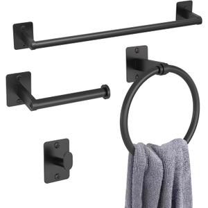 Matte Black Bathroom Accessories Set, 4 Pieces Bathroom Hardware Set, 16 inch Towel Bar, Towel Racks for Bathroom, Robe Towel Hooks, Toilet Paper Holder Wall Mounted