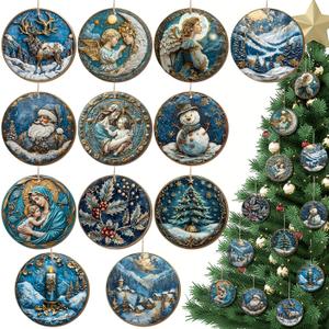 Suzile 36 Pcs Christmas Wooden Ornaments Navy Blue Christmas Tree Decoration Retro Round Nativity Scene Snowman Ornaments Vintage Xmas Hanging Decoration for Farmhouse Home Wreaths Winter Party