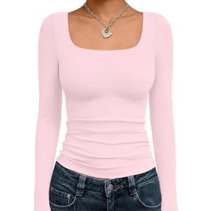 Trendy Queen Womens Long Sleeve Shirts Crop Tops Fall Fashion 2025 Square Neck Going Out Basics Tees Y2k Clothes (Medium, Pink)