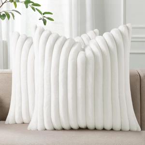 Pallene Faux Fur Plush Throw Pillow Covers 18x18 Set of 2, Luxury Soft Fluffy Striped Decorative Pillow Covers for Sofa, Couch, Living Room, White