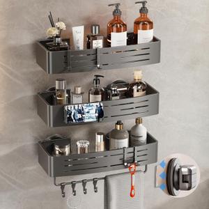 Voldra Shower Caddy Suction Cup, 3 Pack Shower Shelves for Inside Shower No Drilling, Aluminum Suction Showers Organizer with Towel Bar & Hooks Removable Bathroom Shelf Storage Rack(Gray)