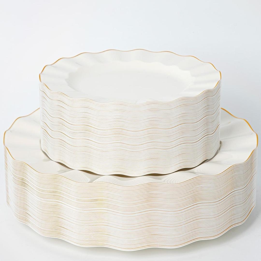 HIGH END 100 Pcs Ivory Wave Plastic Plates with Gold Trim, Fancy Disposable Plate Sets Include 50 Dinner & 50 Dessert Plastic Plates, Elegant Disposable Plate Set For Party, Thanksgiving (50 Guests)