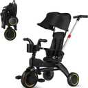 5-in-1 Compact, Foldable Tricycle - Suitable for Toddlers 10 to 36 Months Push Tricycle Bike for Toddlers with Removable Handle Seat Adjustable Canopy for Kids (Black)