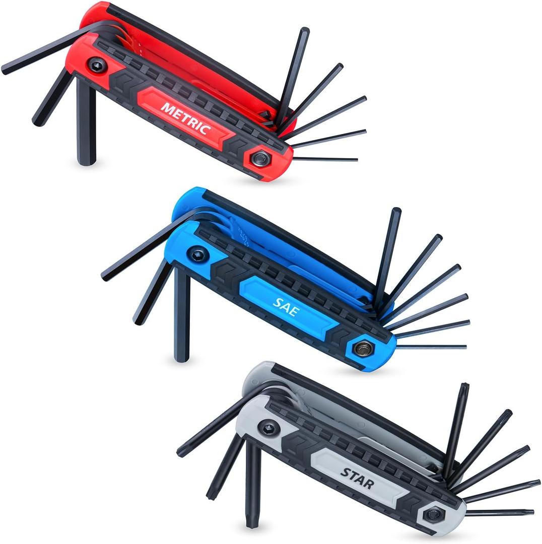 25-Piece Complete Folding Hex Key Wrench Set, Metric 1.5mm - 8mm, SAE 5/64 - 1/4, Star T9 - T40 | Cr-V Steel, Precise and Chamfered Tips | 3 Pack All-Purpose Portable and Compact Allen Wrench Tools